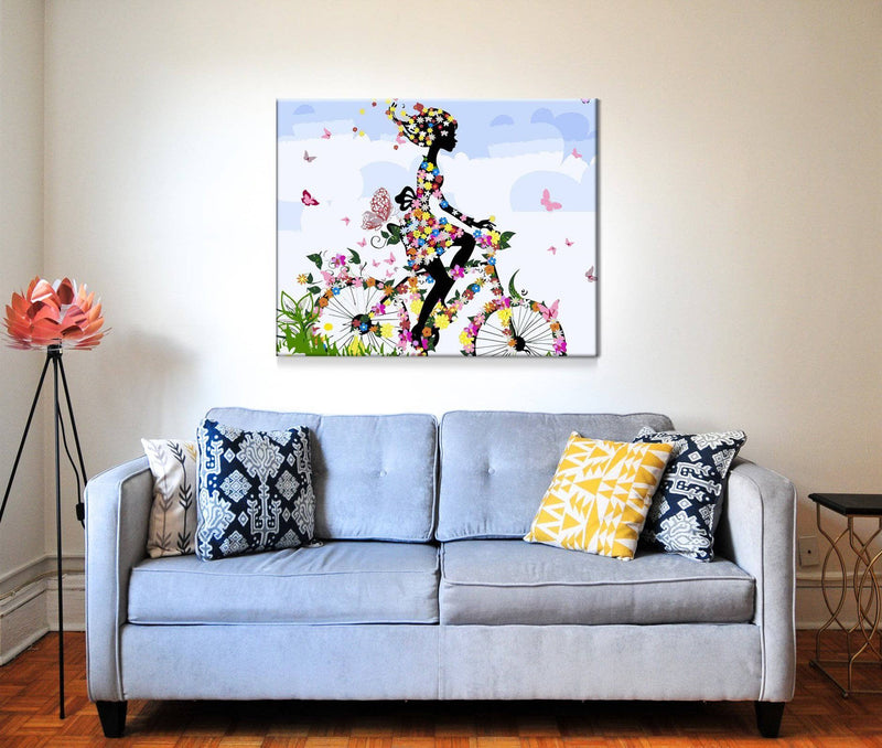 Schwierigkeit: Einfach Abstrakte Bilder Radfahrende Frau mit Blüten und Schmetterlingen - Malen nach Zahlen