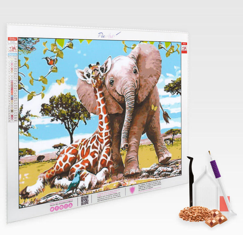 Elefanten- und Giraffenbaby sind beste Freunde - Diamond Painting