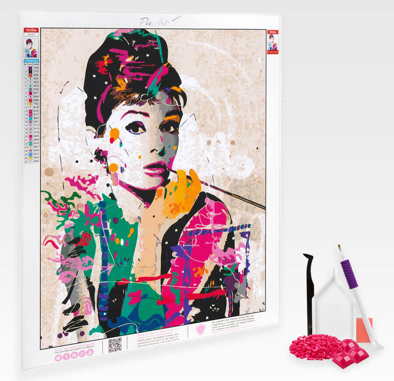 Poppiges Portrait von Audrey Hepburn - Diamond Painting
