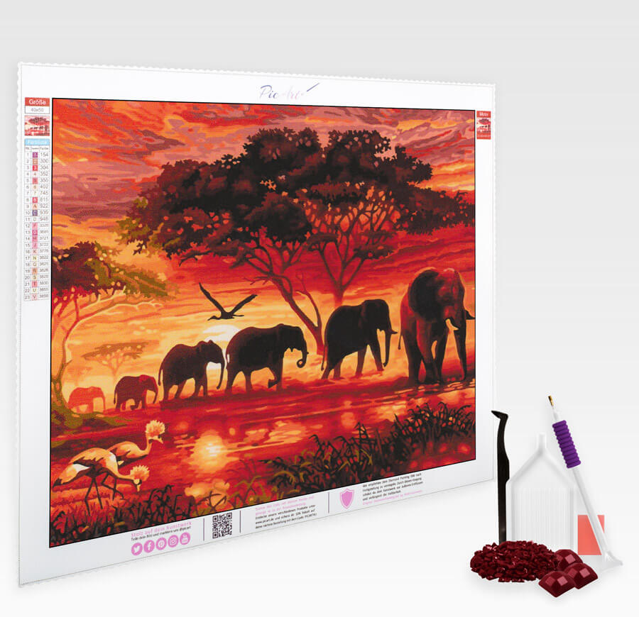 Afrikanische Elefantenherde im Sonnenuntergang - Diamond Painting