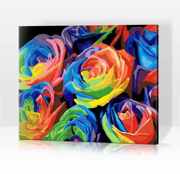Schwierigkeit: Einfach Abstrakte Bilder Blütentraum: Rosen in Regenbogenfarben - Malen nach Zahlen