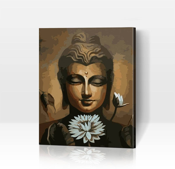 Schwierigkeit: Einfach Abstrakte Bilder Buddha mit weißer Lotusblüte - Malen nach Zahlen