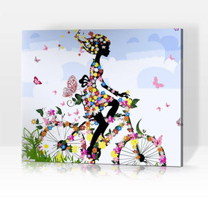 Schwierigkeit: Einfach Abstrakte Bilder Radfahrende Frau mit Blüten und Schmetterlingen - Malen nach Zahlen