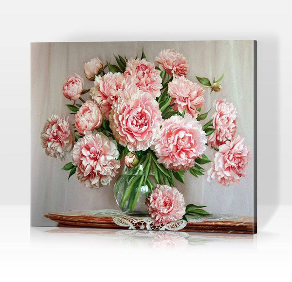 Schwierigkeit: Hoch Blumenbilder Ein Strauß rosafarbener Rosen - Malen nach Zahlen