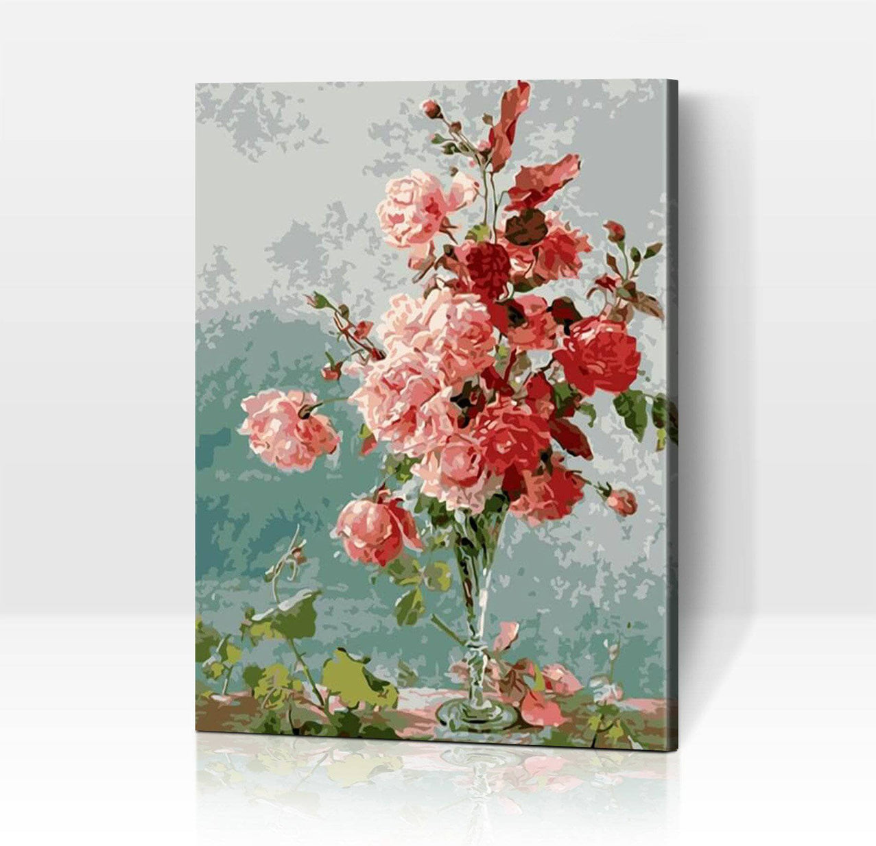 Schwierigkeit: Hoch Blumenbilder Glasvase mit blühenden Rosen - Malen nach Zahlen