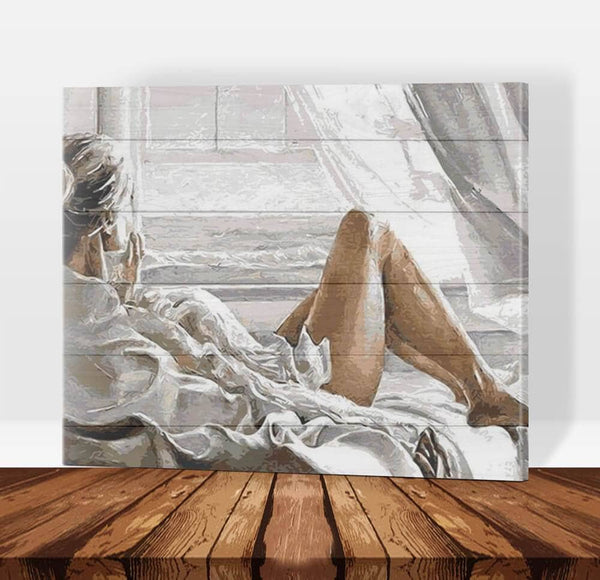 Schwierigkeit: Mittel Holz 40x50cm Holz auf Rahmen Thinking of you: Frau blickt aus Fenster - Woodpainting