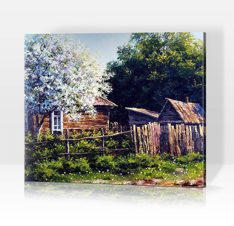 Schwierigkeit: Hoch Landschaftsbilder Holzhütte mit blühendem Kirschbaum - Malen nach Zahlen