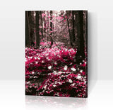 Schwierigkeit: Mittel Landschaftsbilder Rosa Blütenpracht im Wald - Malen nach Zahlen