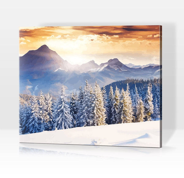 Schwierigkeit: Hoch Landschaftsbilder Sonnenuntergang in winterlicher Bergwelt - Malen nach Zahlen