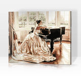Schwierigkeit: Hoch Personenbilder Frau im Hochzeitskleid sitzt am Piano - Malen nach Zahlen