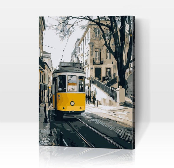 Schwierigkeit: Mittel Stadtbilder Alte Straßenbahn in Lissabon - Malen nach Zahlen
