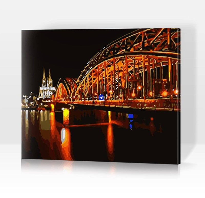 Schwierigkeit: Mittel Stadtbilder Hohenzollernbrücke in Köln bei Nacht - Malen nach Zahlen