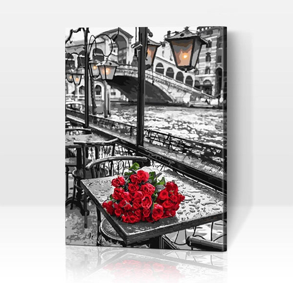 Schwierigkeit: Mittel Stadtbilder Rote Rosen an der Rialtobrücke - Malen nach Zahlen