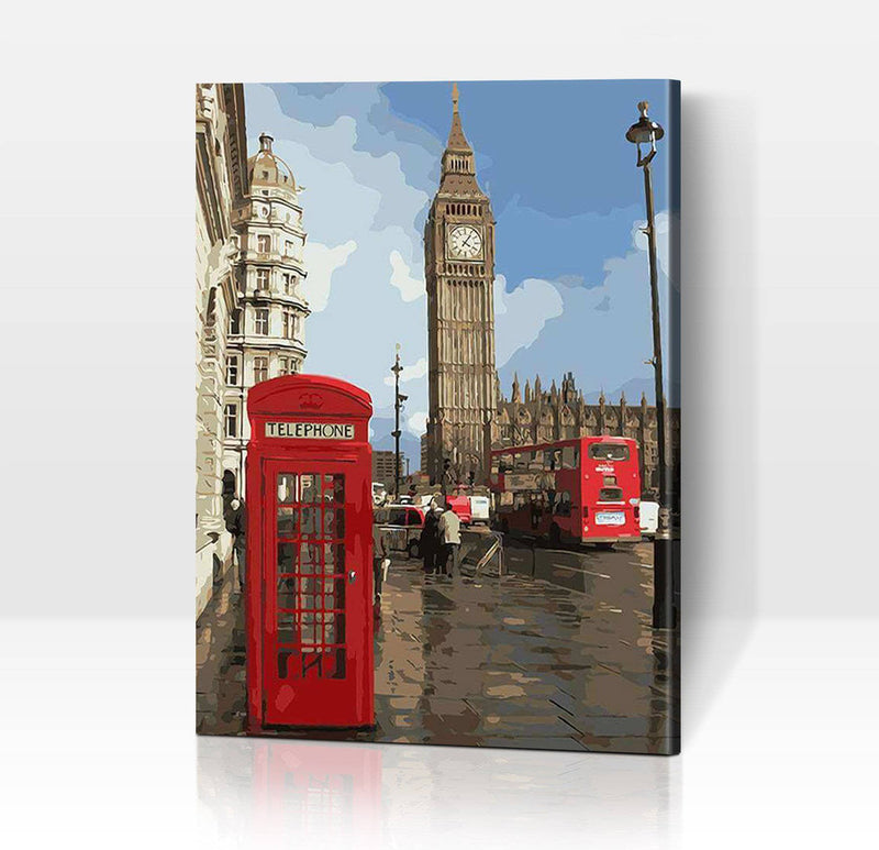 Schwierigkeit: Mittel Stadtbilder Telefonzelle vor dem Big Ben in London - Malen nach Zahlen