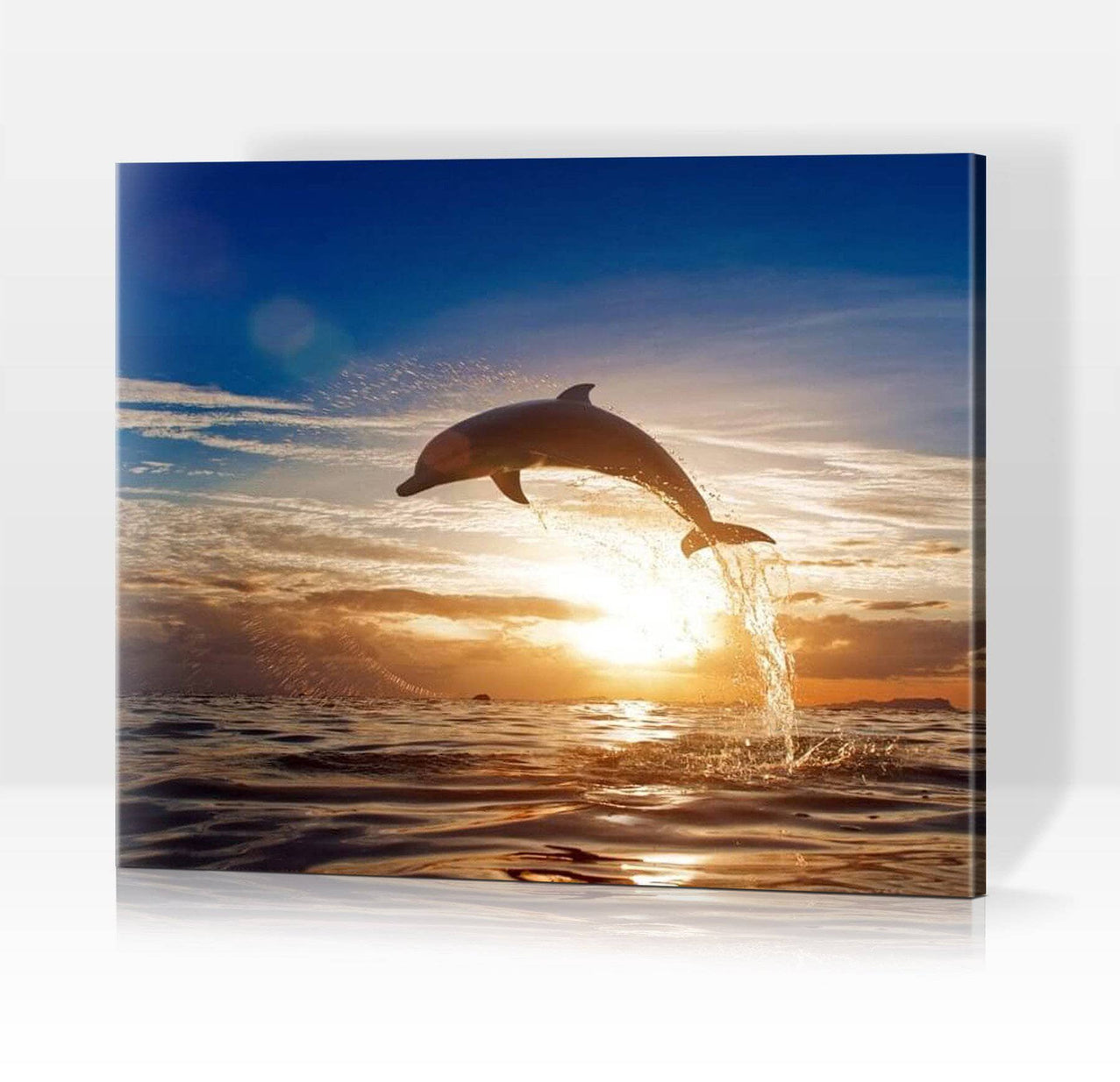 Schwierigkeit: Mittel Tierbilder Delfin springt über die Sonne - Malen nach Zahlen