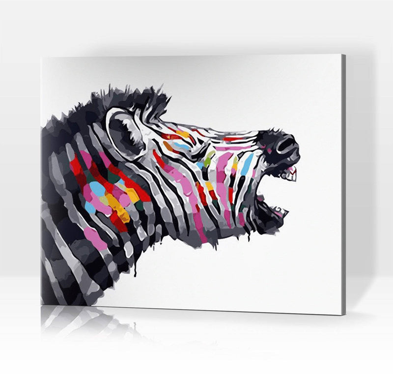 Schwierigkeit: Einfach Tierbilder Lachendes Zebra mit Farbklecksen - Malen nach Zahlen