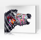 Schwierigkeit: Einfach Tierbilder Lachendes Zebra mit Farbklecksen - Malen nach Zahlen