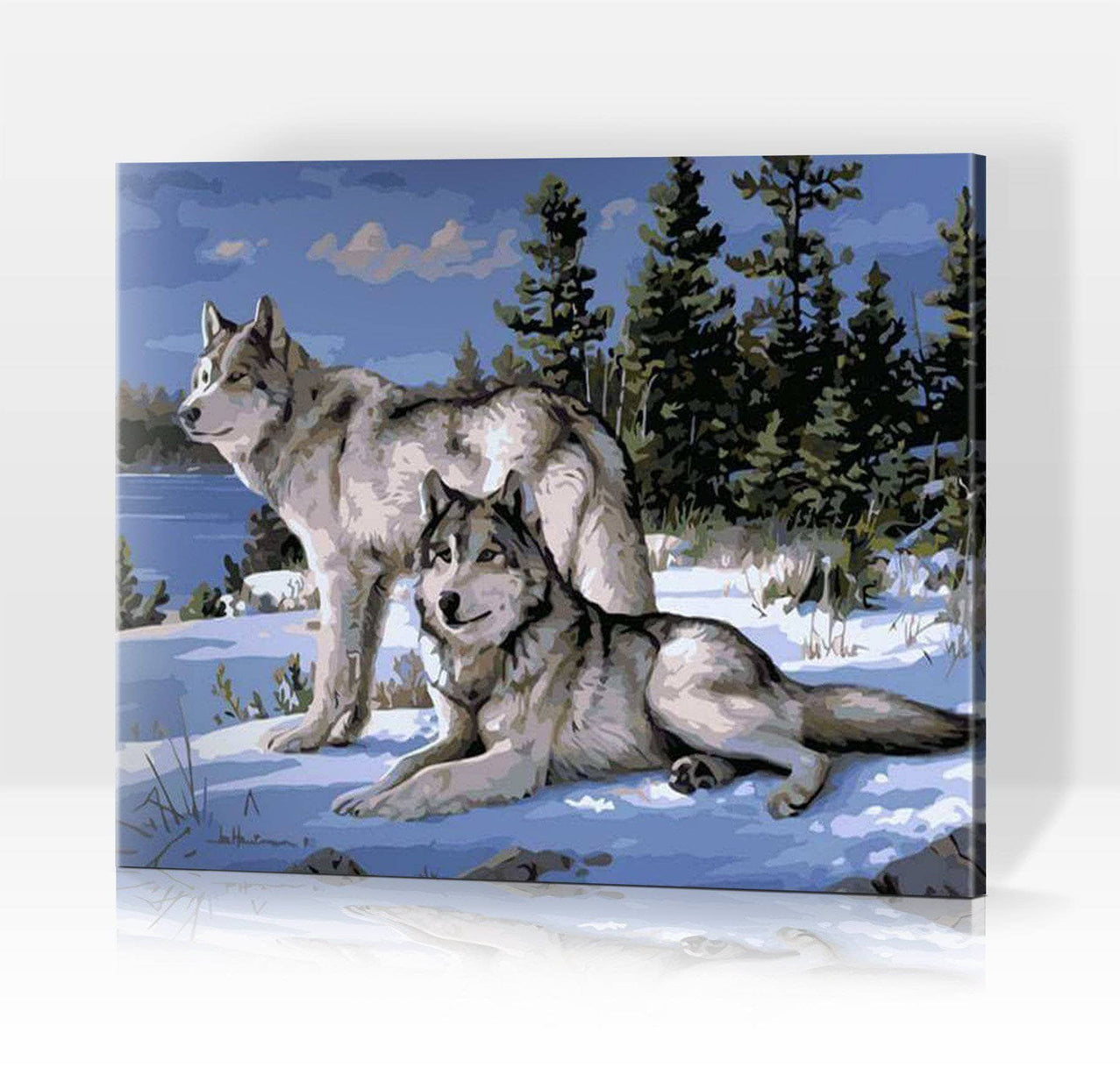 Schwierigkeit: Mittel Tierbilder Ungezähmte Wild: Zwei Wölfe im Schnee - Malen nach Zahlen