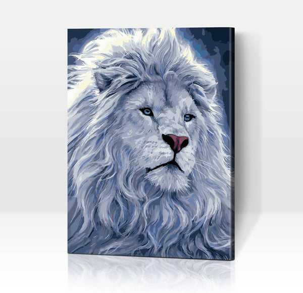 Schwierigkeit: Hoch Tierbilder Weißer Löwe mit wallender Mähne - Malen nach Zahlen
