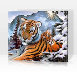 Schwierigkeit: Hoch Tierbilder Wilde Tiger-Familie im Schnee - Malen nach Zahlen