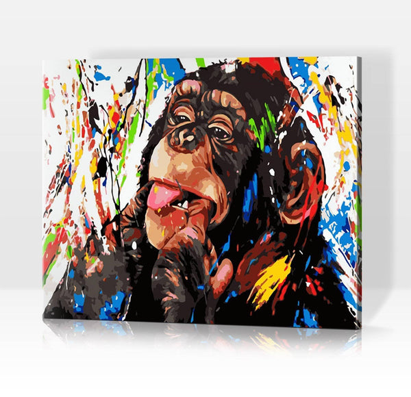 Schwierigkeit: Mittel Tierbilder Witziger Affe umgeben von Farben - Malen nach Zahlen